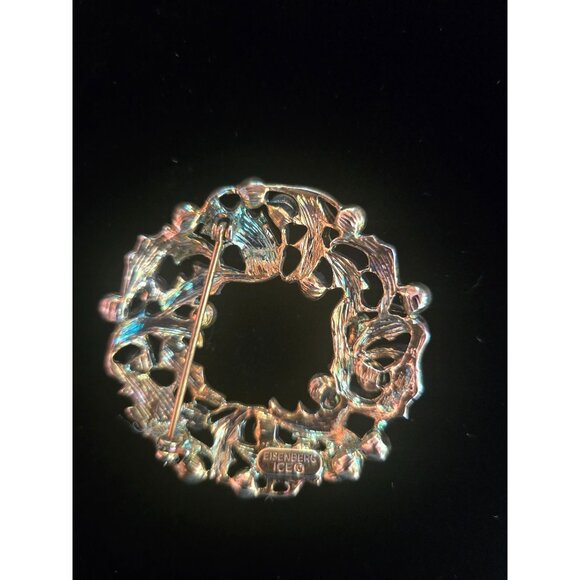 Eisenberg Ice Christmas Wreath Brooch Vintage Green & Red Rhinestones Gold-Tone - Picture 7 of 9